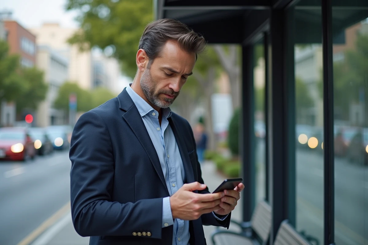 Homme en costume regardant son smartphone à un arrêt de bus urbain