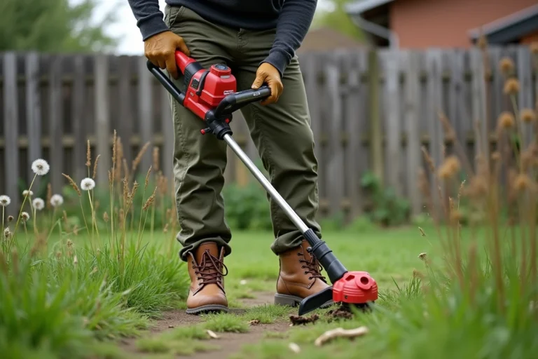 Homme utilisant une débroussailleuse Parkside PBS 2 D4 pour désherber le bord d'une pelouse dans un jardin suburban