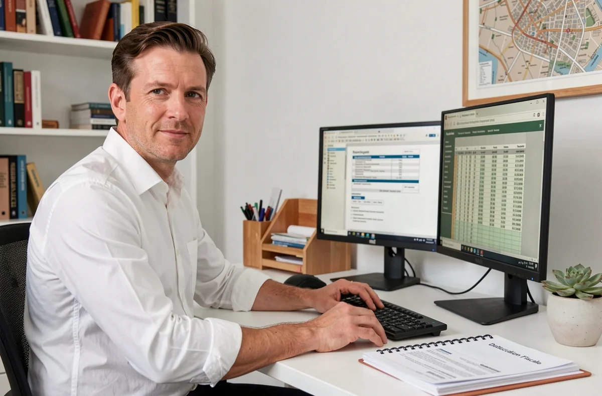 Homme en chemise blanche gérant sa déclaration fiscale sur un ordinateur de bureau à domicile avec des documents administratifs organisés sur le bureau