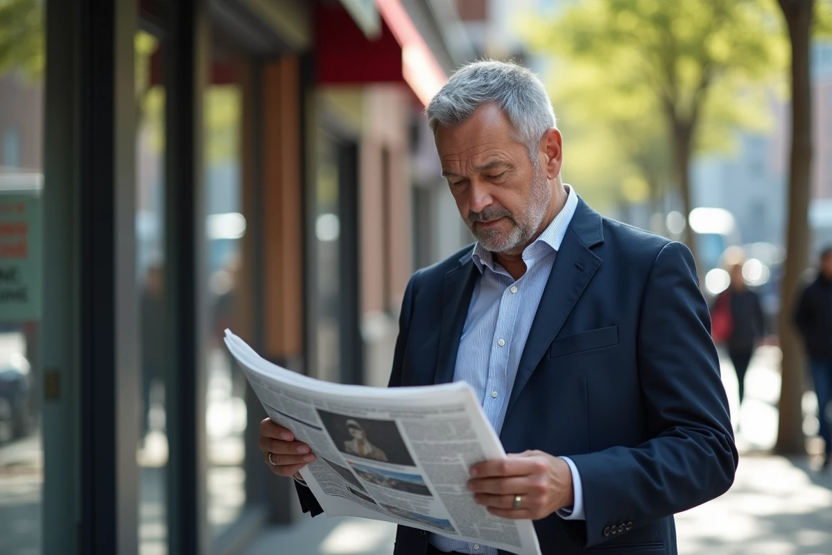 Homme d age lisant un journal dans une rue animée