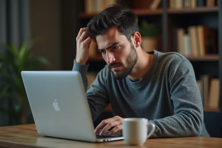 Jeune homme concentré face à un ordinateur avec message d'erreur