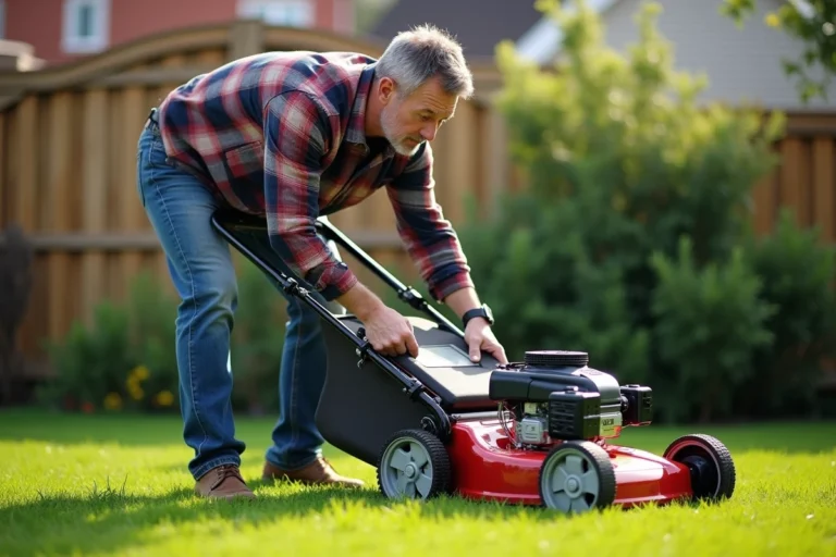Homme en workwear vérifiant une tondeuse à gazon dans le jardin