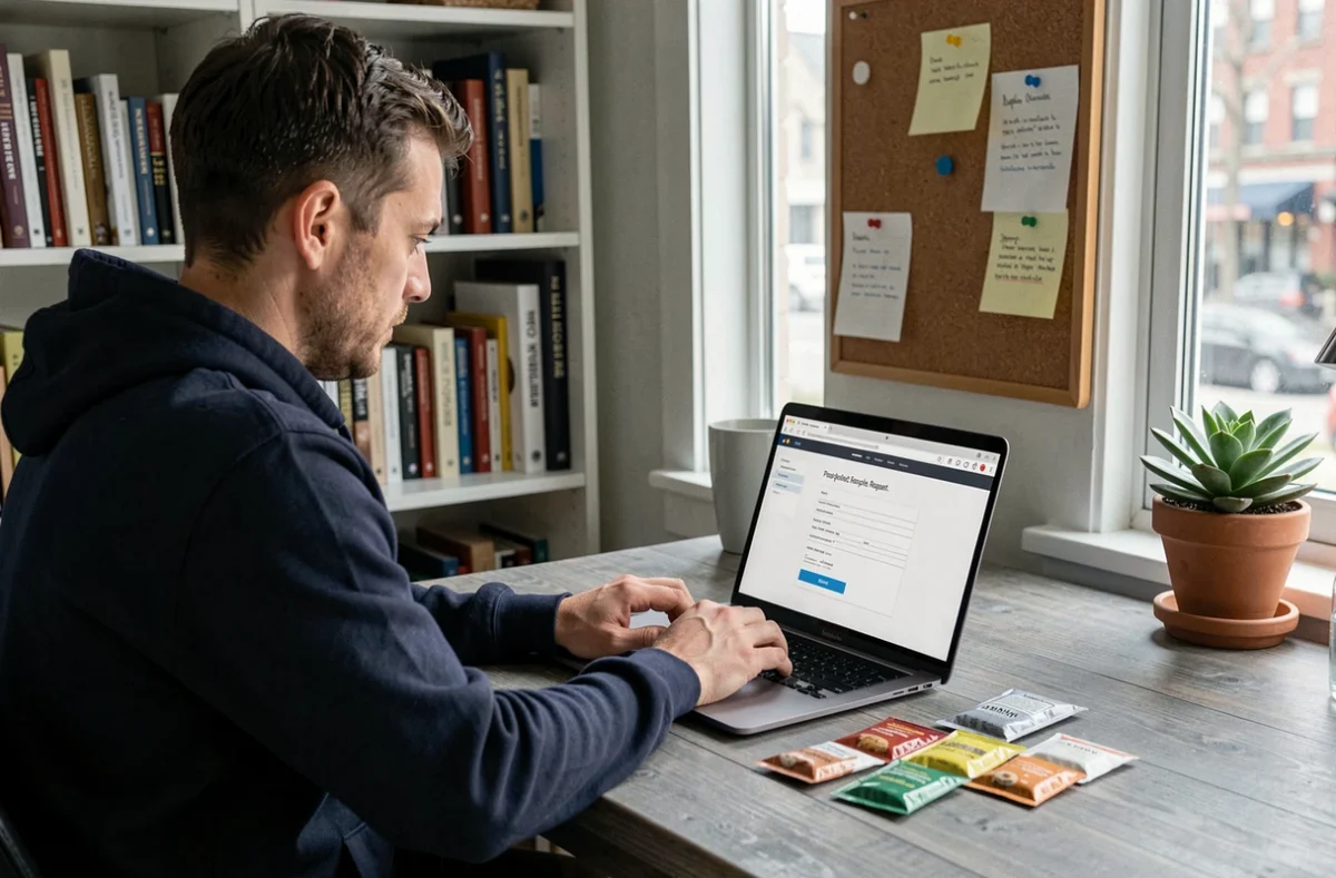 Homme recherchant des échantillons gratuits en ligne sur un ordinateur portable dans un bureau à domicile