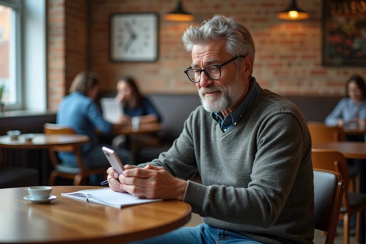 Homme au café consulte son smartphone et prend des notes