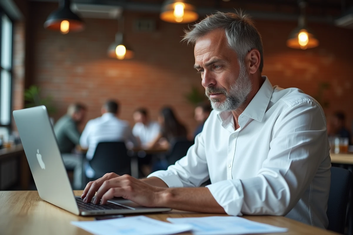 Homme consultant les tarifs des visas les plus chers du monde sur un ordinateur portable dans un espace de coworking