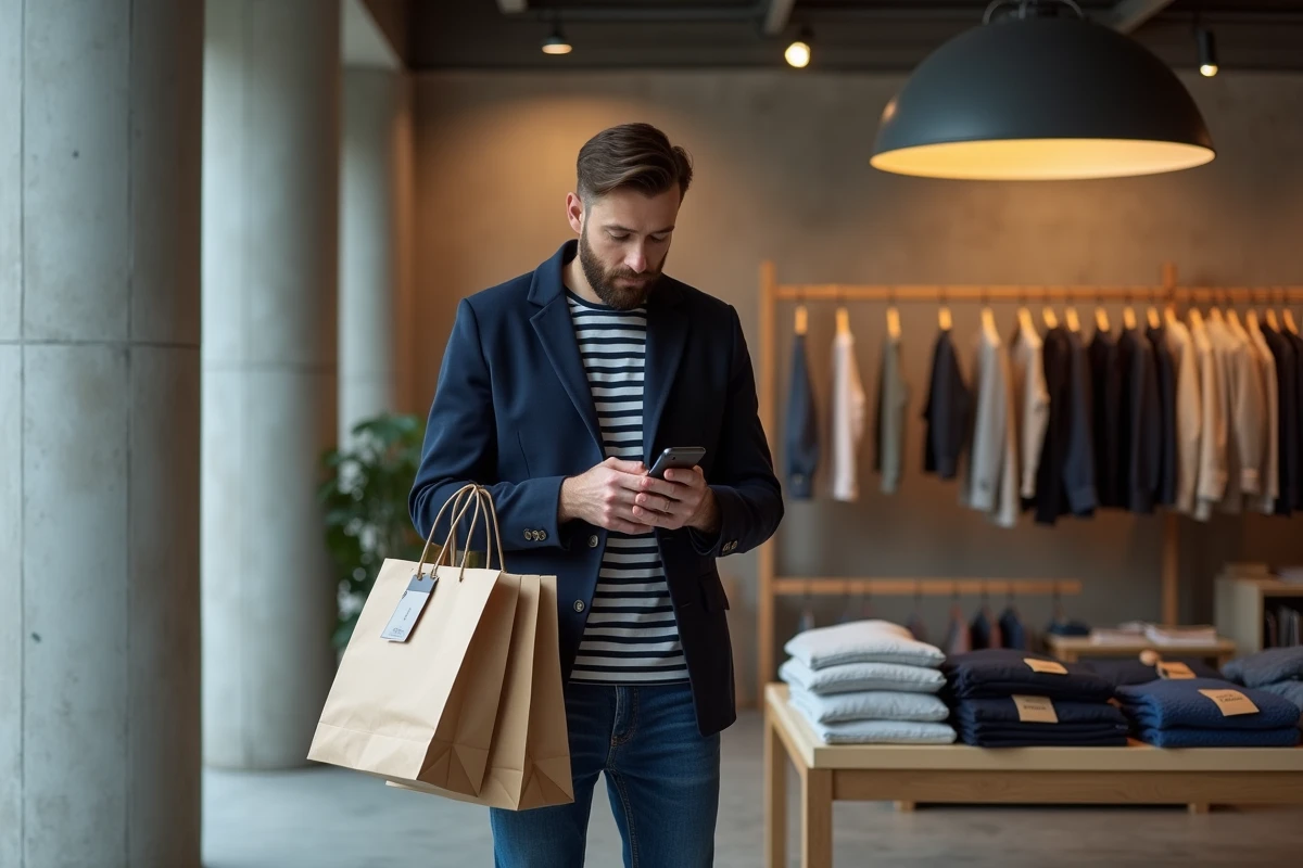Homme tendance tenant des sacs de shopping dans une boutique concept store urbaine, consultant des offres abordables sur son téléphone
