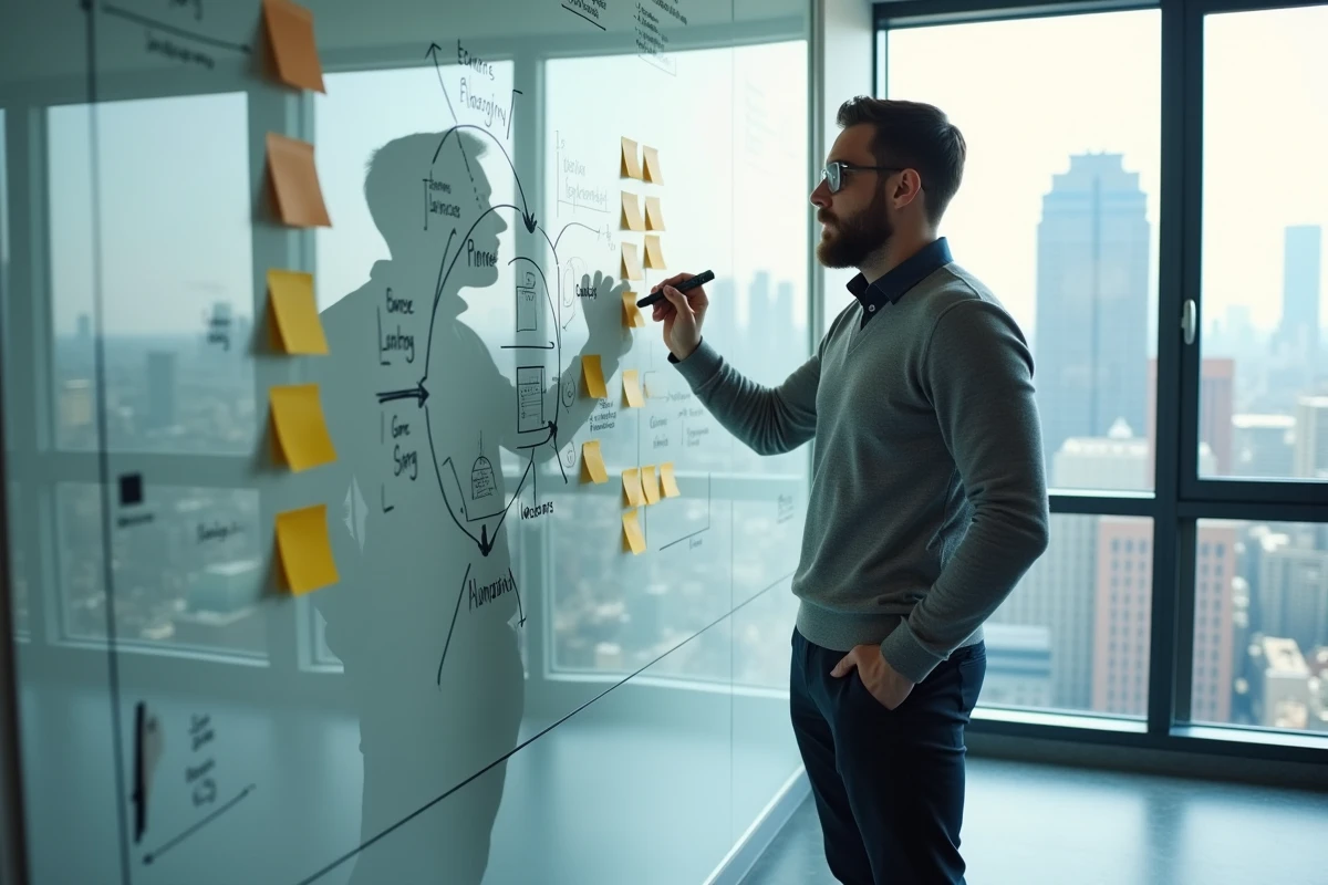 Homme en pull gris planifiant sa stratégie de carrière sur un tableau blanc dans un bureau de startup moderne