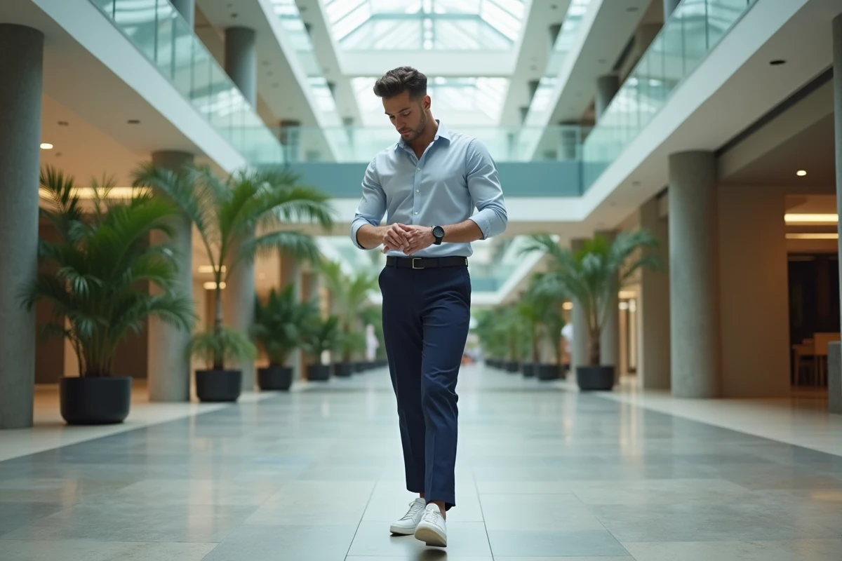 Jeune homme en tenue décontractée dans un atrium moderne
