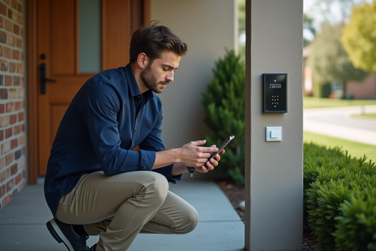 Jeune homme vérifiant badge de sécurité devant sa maison