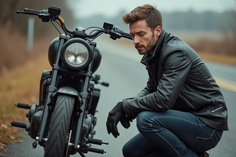 Motard accroupi inspectant le compteur kilométrique de sa moto sur une route de campagne en automne