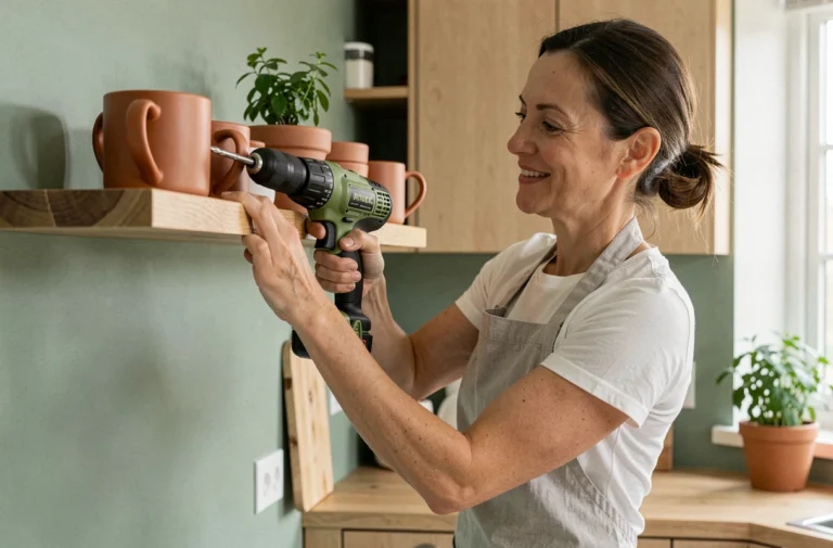 Femme installant une étagère flottante en bois dans une cuisine moderne scandinave aux tons verts sauge