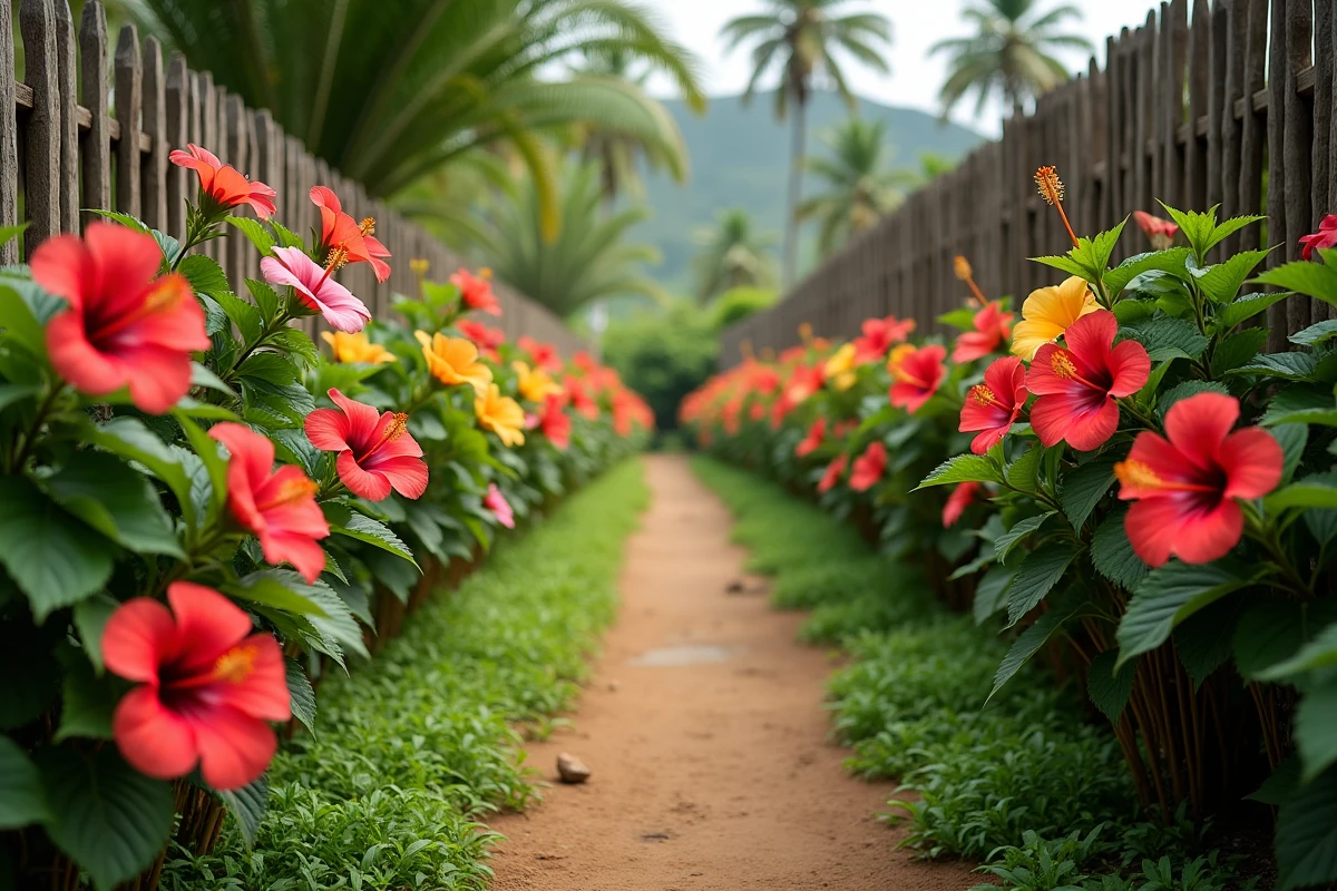 Allée de jardin hawaïen bordée d'hibiscus en fleurs rouges jaunes et roses avec palmiers en arrière-plan