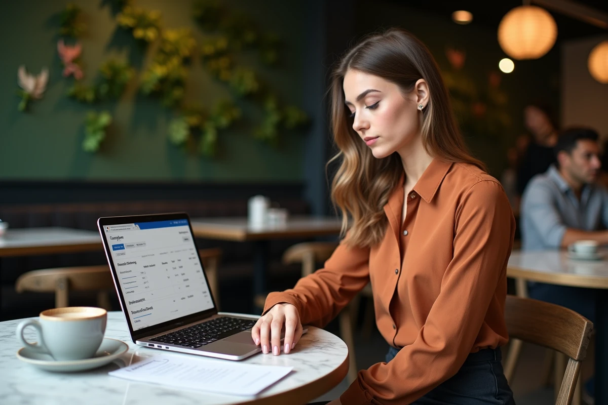 Jeune auto-entrepreneuse gérant sa facturation en ligne depuis un café urbain avec son ordinateur portable