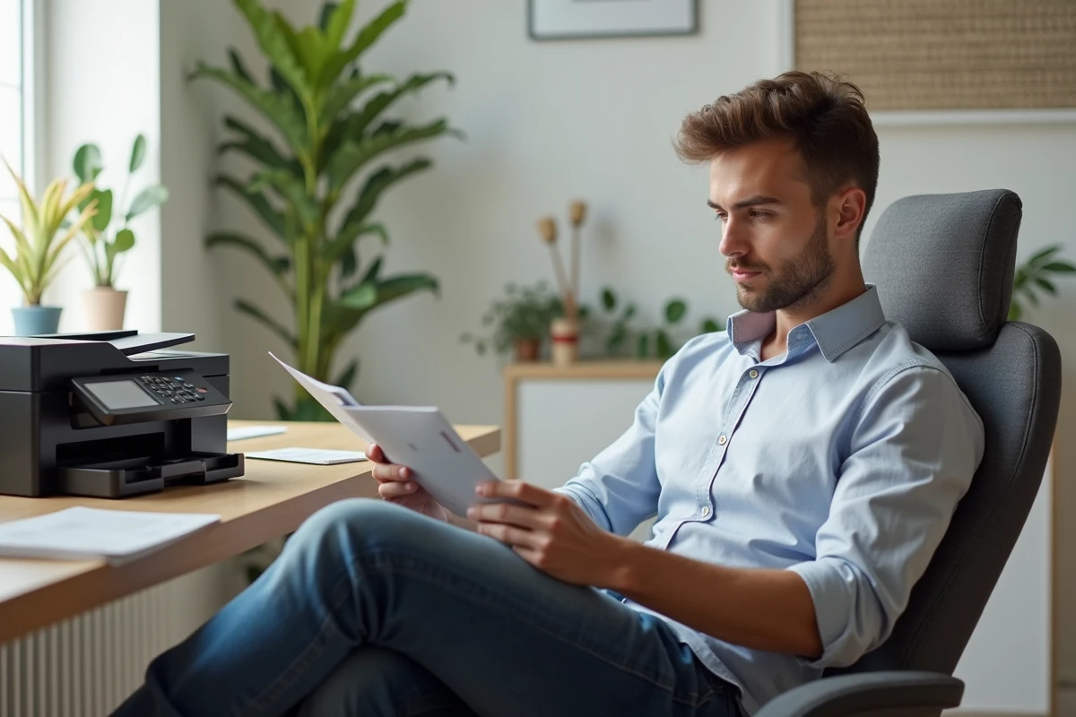 Jeune homme comparant des brochures d