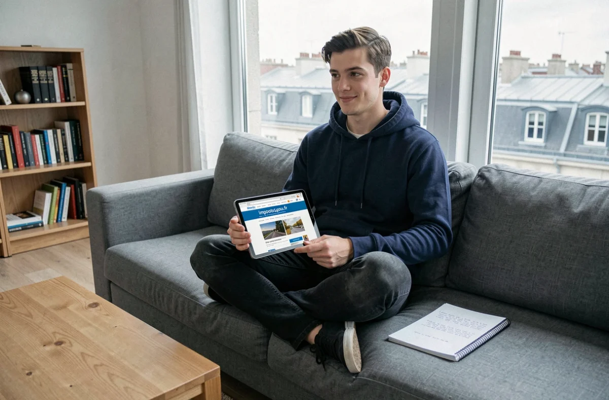 Jeune homme consultant le site impots.gouv.fr sur une tablette numérique depuis son salon, avec un carnet de notes à ses côtés