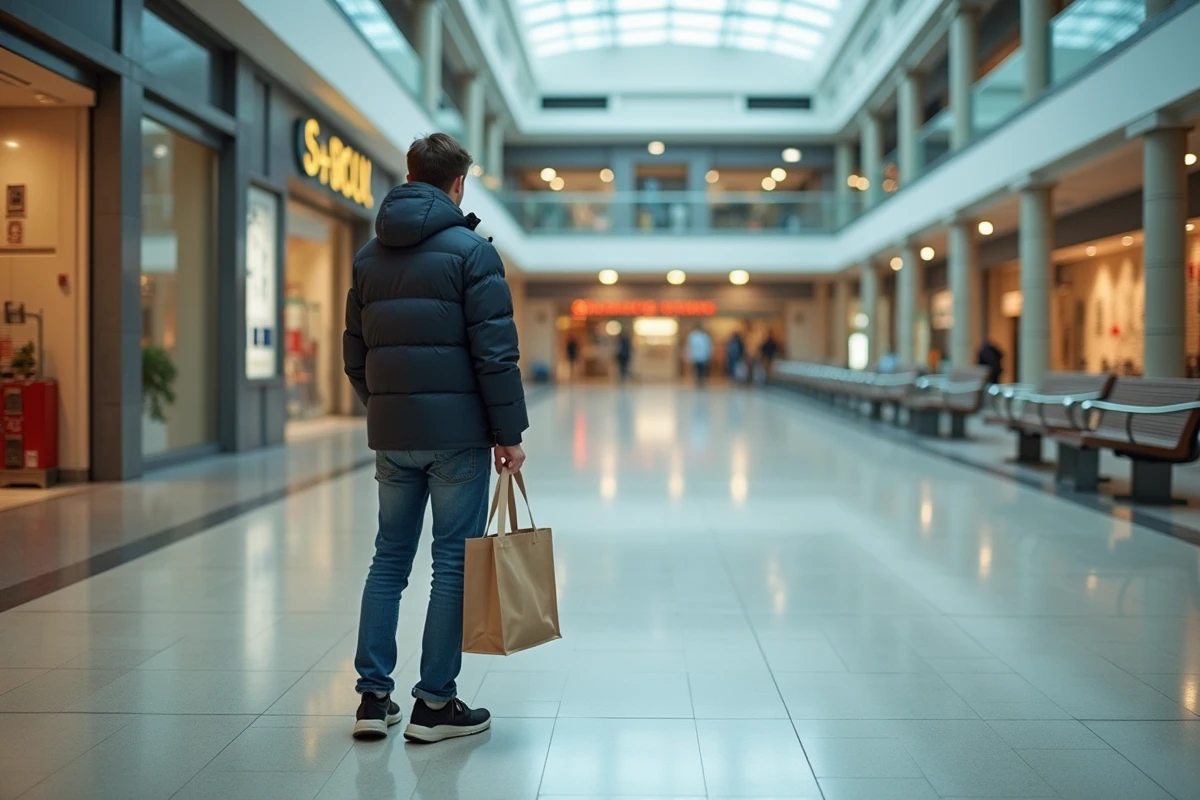 Jeune homme regardant un centre commercial désert avec sacs réutilisables