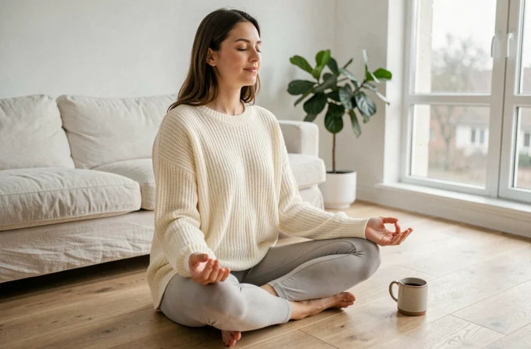 Femme pratiquant la méditation assise sur un plancher en bois dans un intérieur minimaliste scandinave pour améliorer son bien-être quotidien