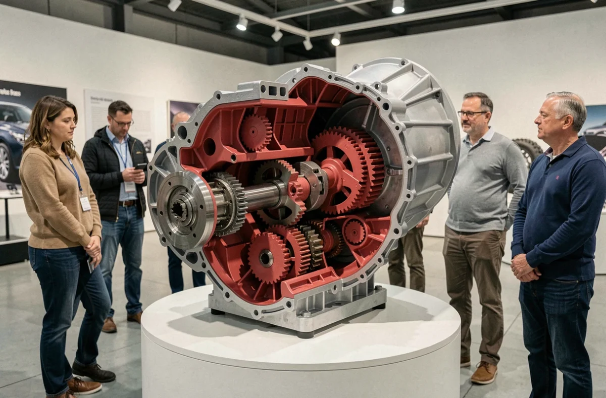 Modèle pédagogique en coupe d'une boîte de vitesses six rapports exposé dans un salon automobile avec des visiteurs en arrière-plan