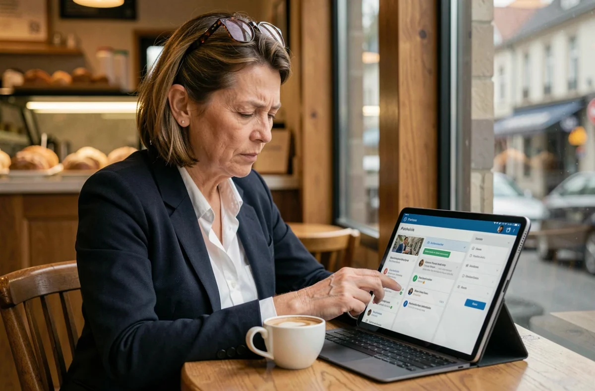 Femme vérifiant les paramètres de confidentialité d'un portail emploi sur tablette dans un café