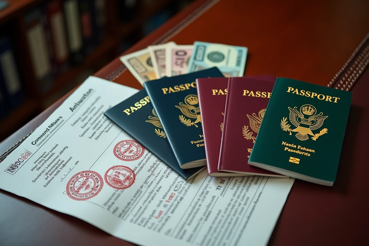 Vue de dessus de passeports internationaux, formulaires de visa et billets de banque sur un bureau en bois sombre