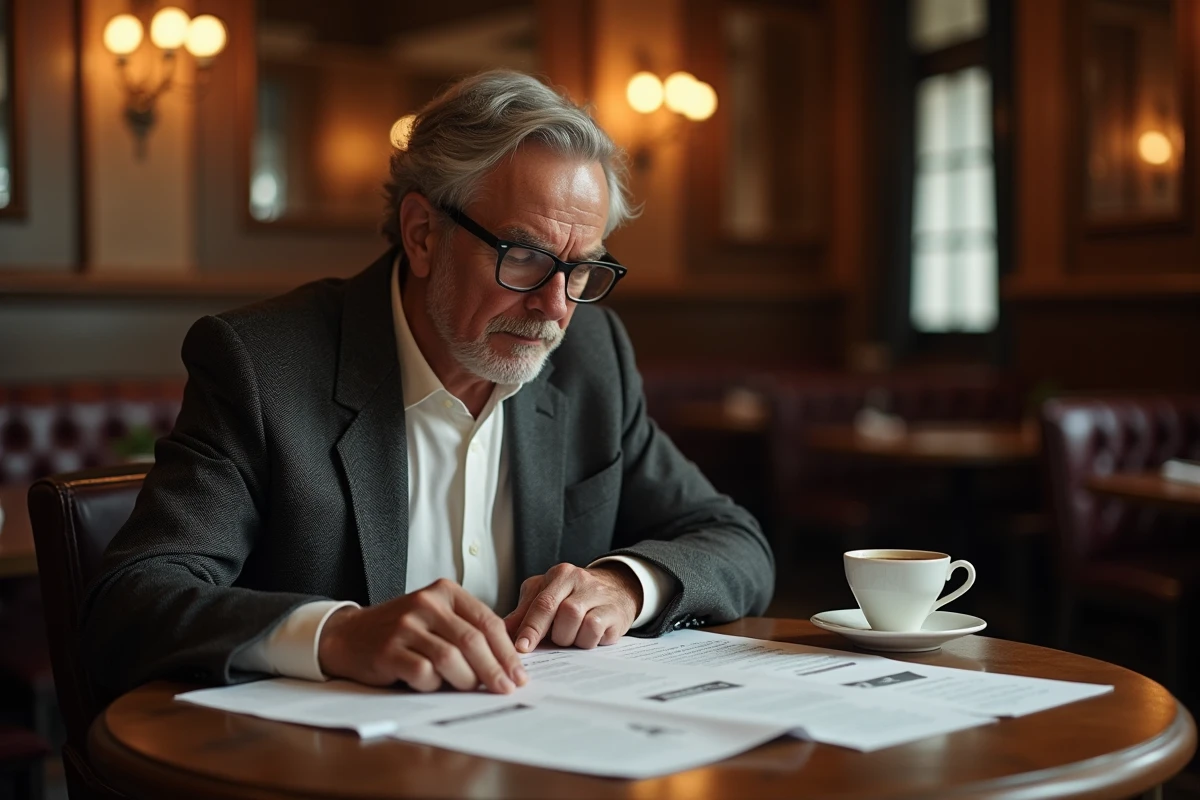 Producteur de cinéma français lisant des documents dans une brasserie parisienne, portrait intimiste et professionnel