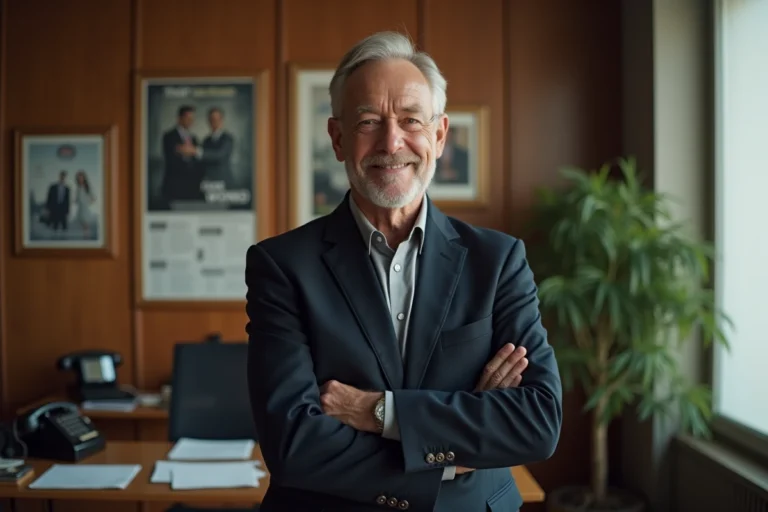 Producteur de cinéma français dans son bureau parisien entouré d'affiches de films et de scripts, portrait professionnel