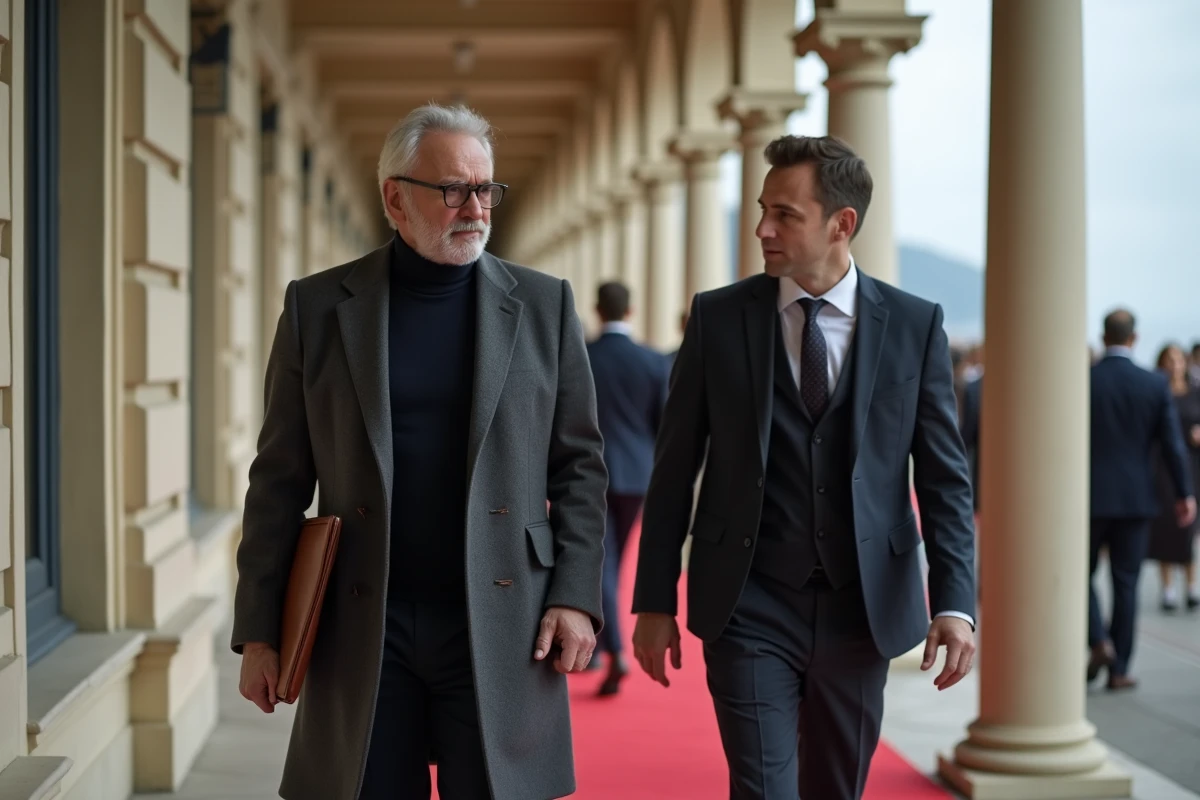 Producteur de cinéma marchant dans les couloirs d'un festival de film français, échangeant avec un collaborateur