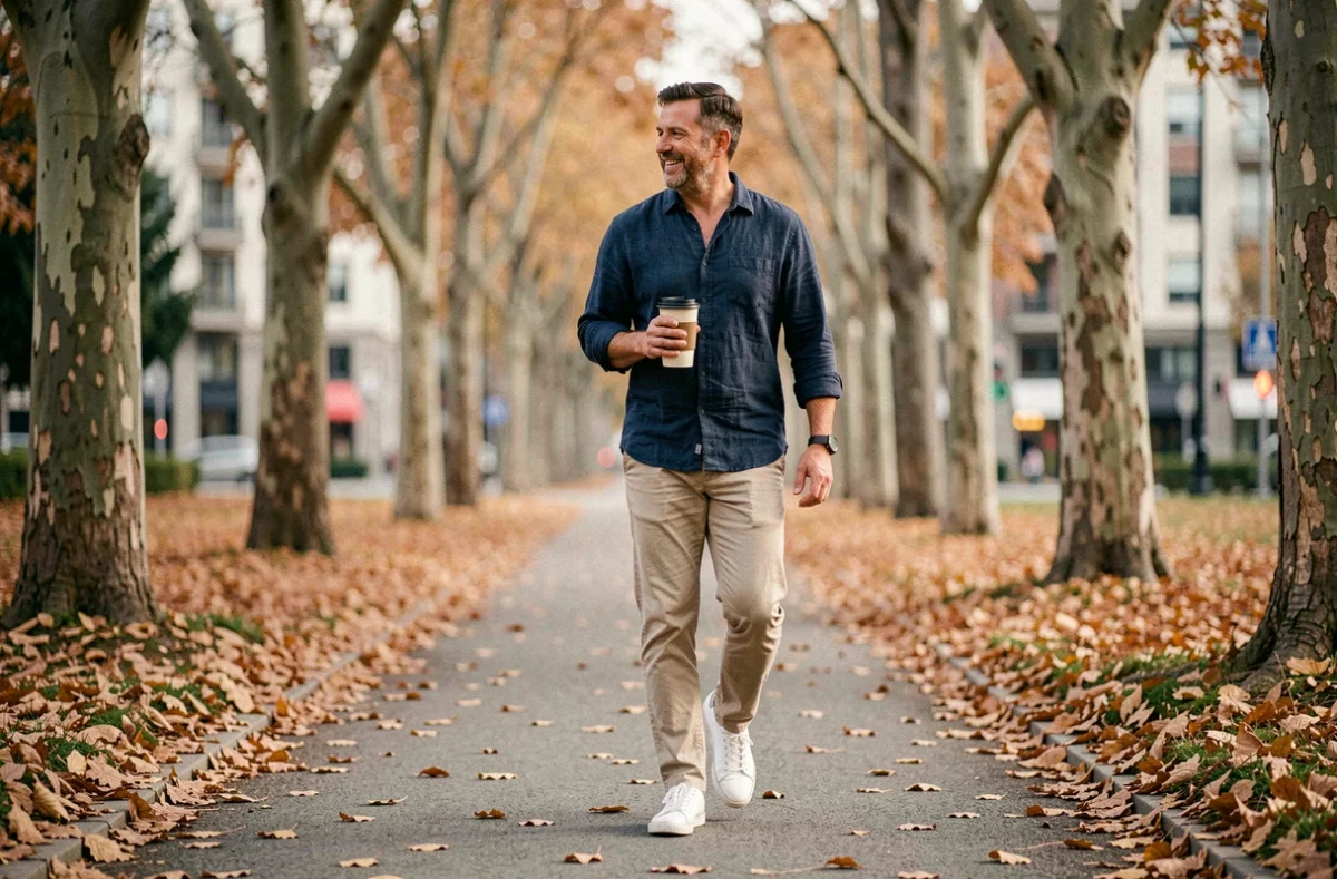 Homme marchant dans un parc urbain en automne tenant un café réutilisable, illustrant les habitudes saines pour le bien-être au quotidien