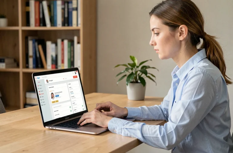 Femme ajustant les réglages de son profil sur un portail emploi en ligne depuis son bureau à domicile