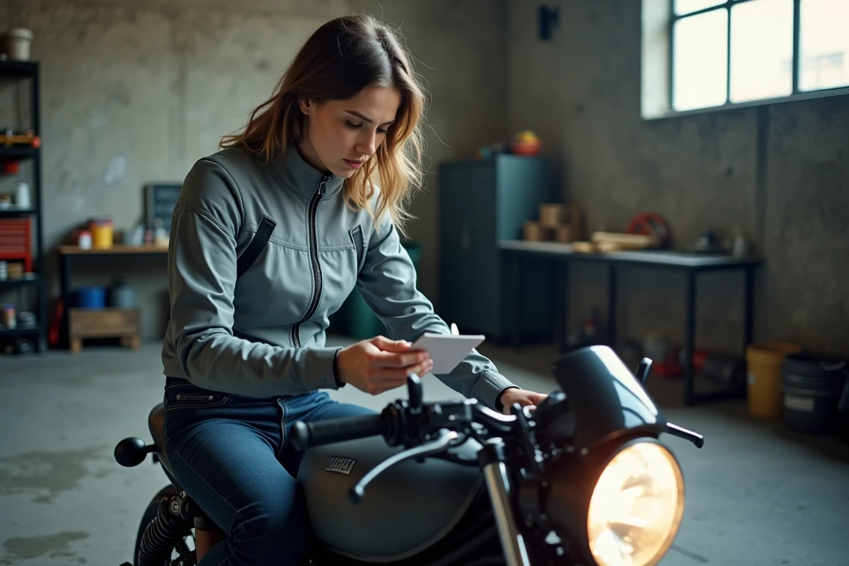 Femme motarde notant le kilométrage de sa moto sur un carnet dans un garage urbain