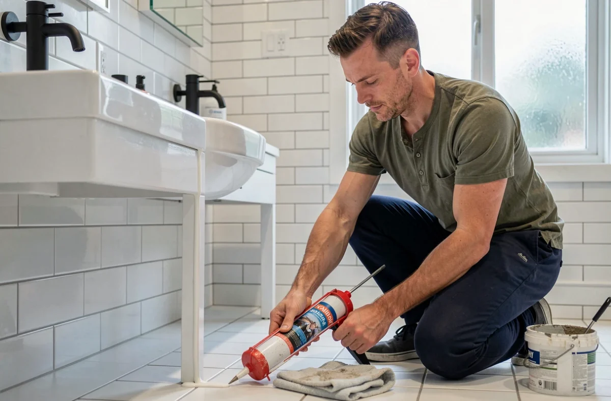 Homme appliquant du joint silicone blanc autour d'un lavabo dans une salle de bain rénovée