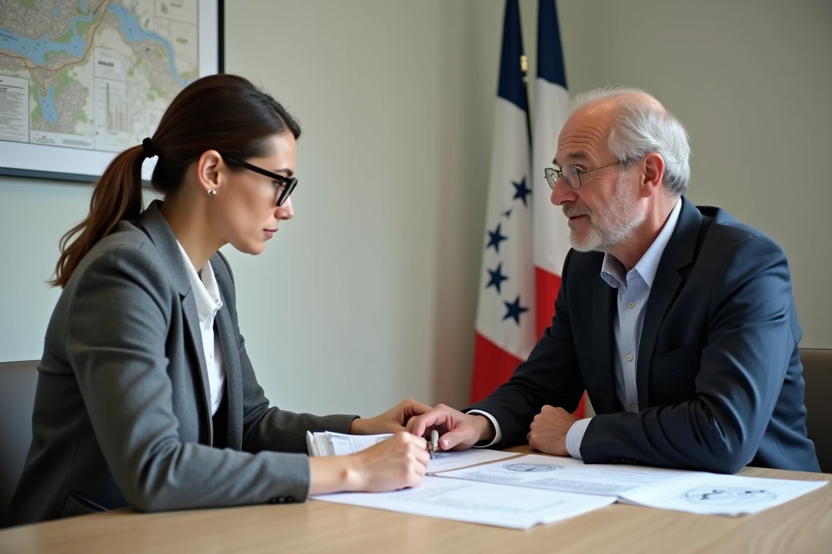 Architecte et élu municipal consultant un document de règlement national d'urbanisme en salle de réunion