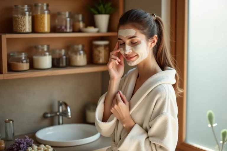 Femme appliquant un masque visage naturel à base de miel et d'avoine dans une salle de bain aux étagères garnies d'ingrédients naturels
