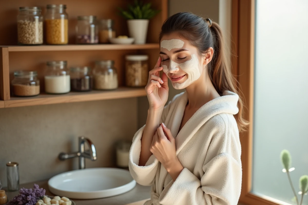 Femme appliquant un masque visage naturel à base de miel et d'avoine dans une salle de bain aux étagères garnies d'ingrédients naturels