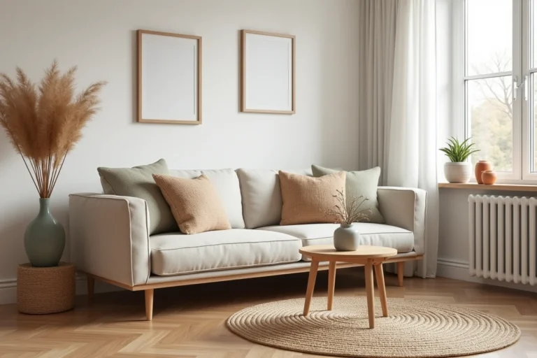 Salon scandinave cosy avec canapé en lin, coussins texturés et table basse en bois naturel pour une décoration intérieure épurée
