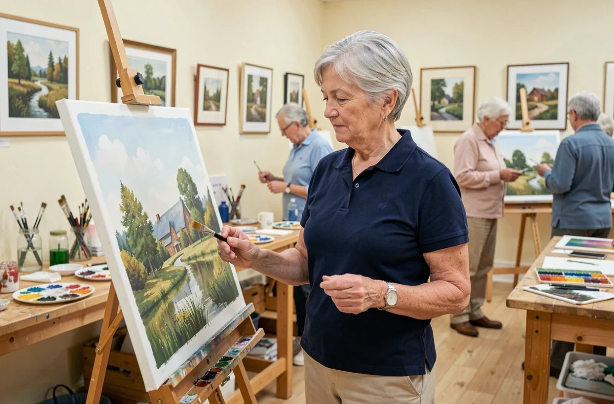 Femme senior concentrée sur une peinture aquarelle lors d'un atelier culturel pour personnes âgées