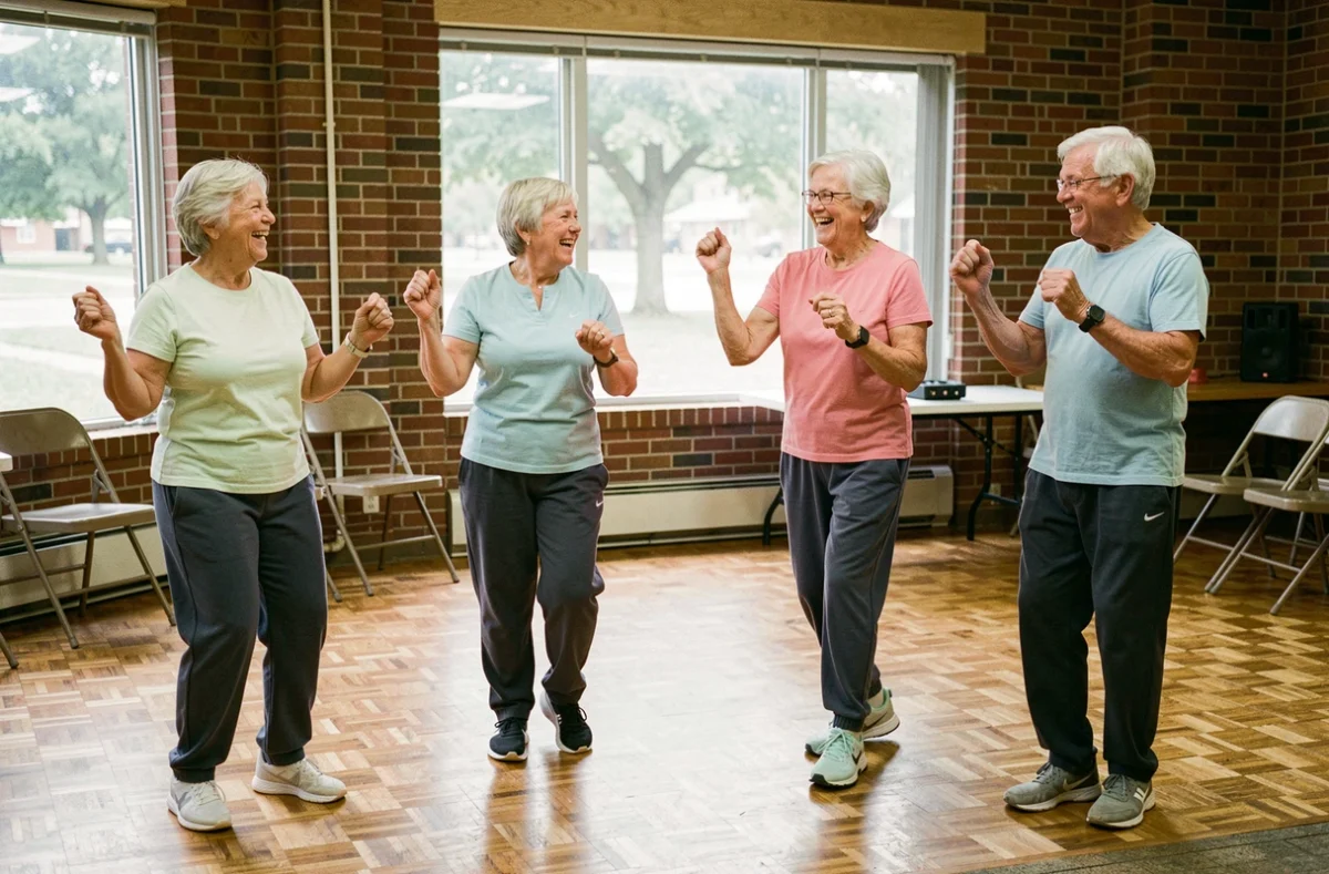 Groupe de seniors joyeux participant à un cours de danse dans un centre communautaire, vêtus de tenues de sport colorées
