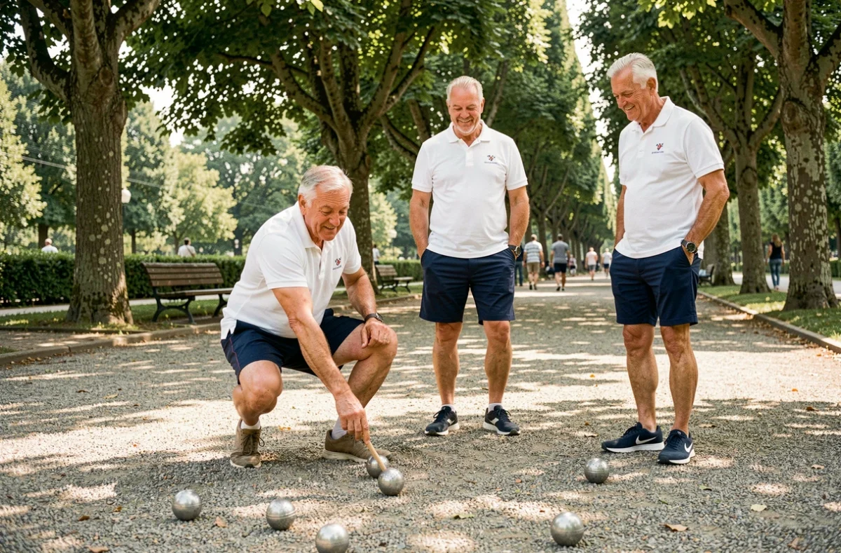 Trois hommes seniors jouant à la pétanque dans un parc, participant à une activité sportive de club senior en plein air