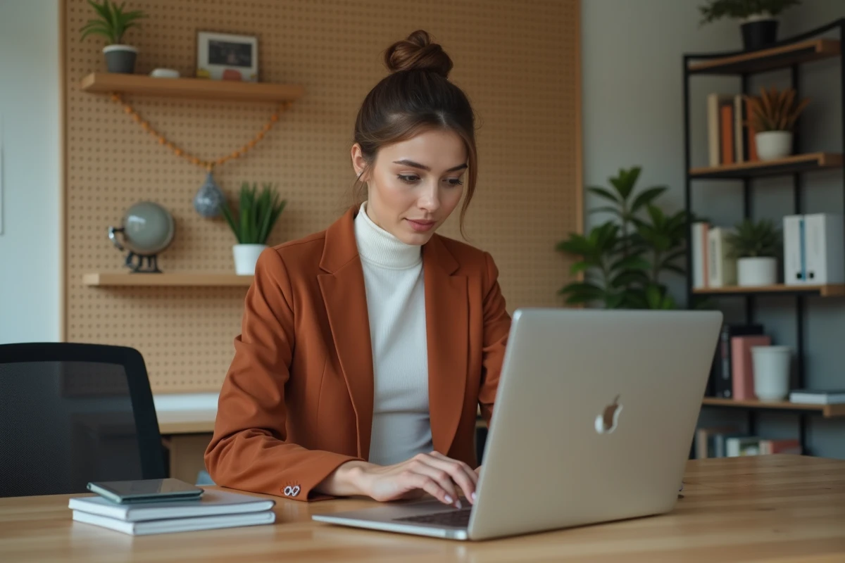 Femme élégante consultant un site de mode en ligne sur ordinateur portable dans un bureau maison moderne et stylé
