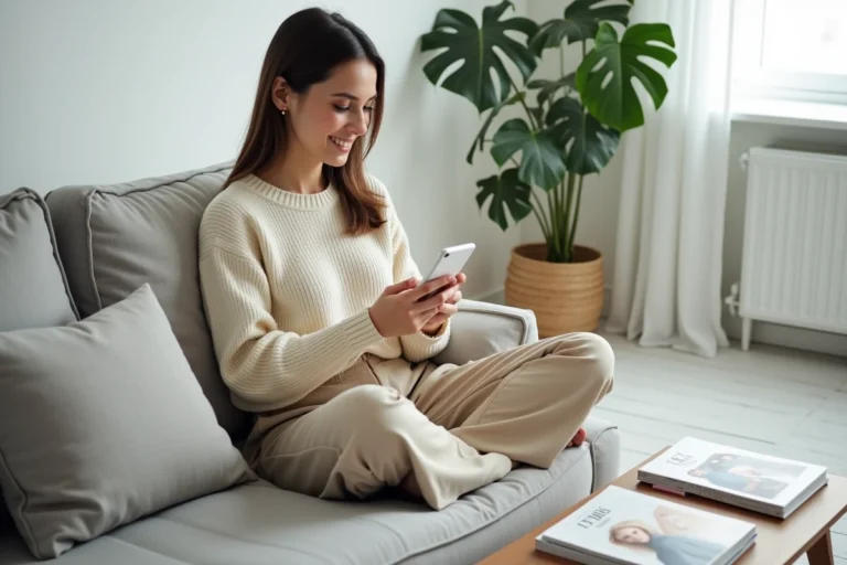 Jeune femme faisant du shopping en ligne sur smartphone depuis son canapé minimaliste, habillée d'un pull oversize tendance