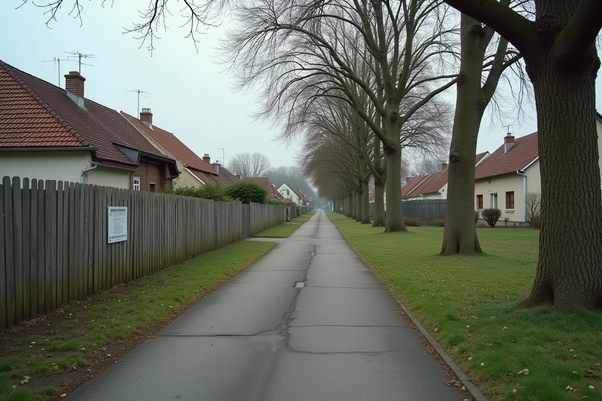 Rue résidentielle avec terrain constructible et panneau de permis de construire dans une commune française