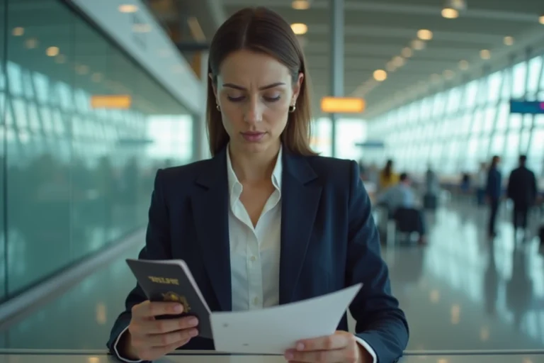 Femme professionnelle examinant un visa coûteux et un passeport dans un salon d'aéroport international
